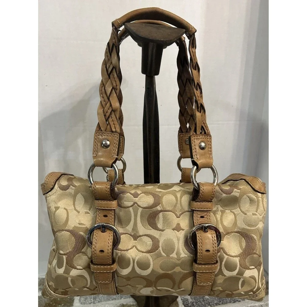 Y2K Coach Chelsea Optic Signature Turn Lock Satchel 10995 Tan Braided Handles